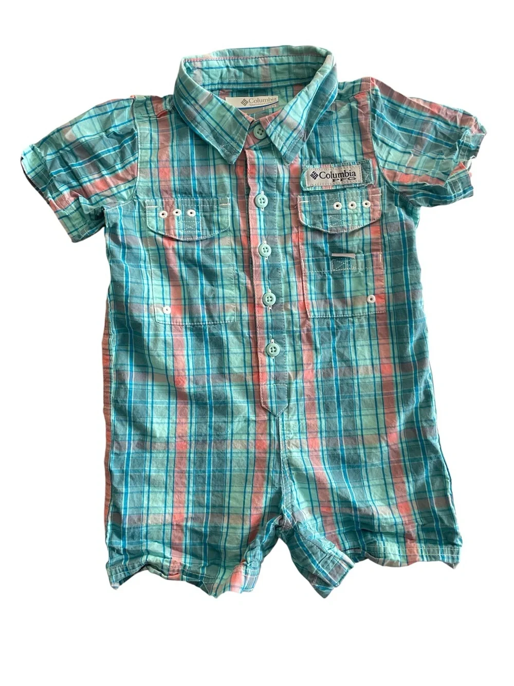 Columbia toddler plaid short-sleeve romper - teal & coral